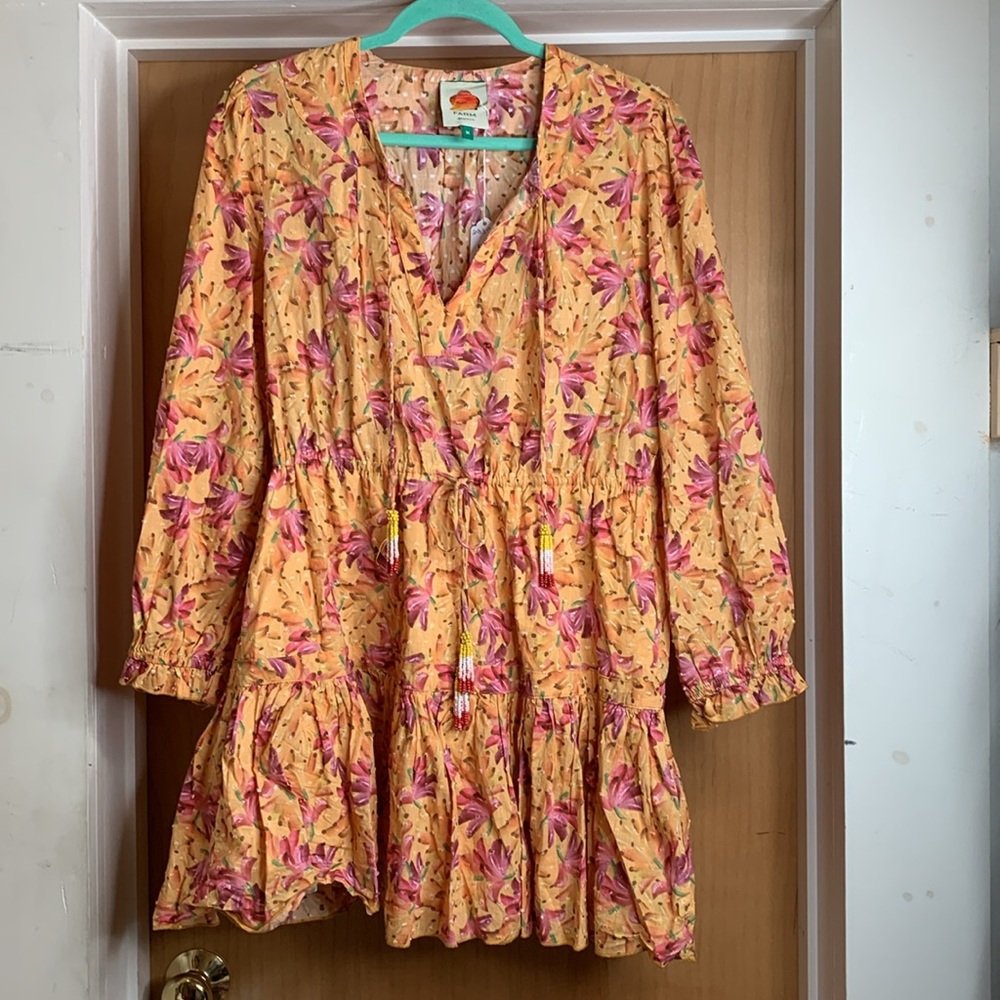Mustard Yellow Beaded Tassle Tie Floral Print Mini Dress - Size M - Picture 2 of 4